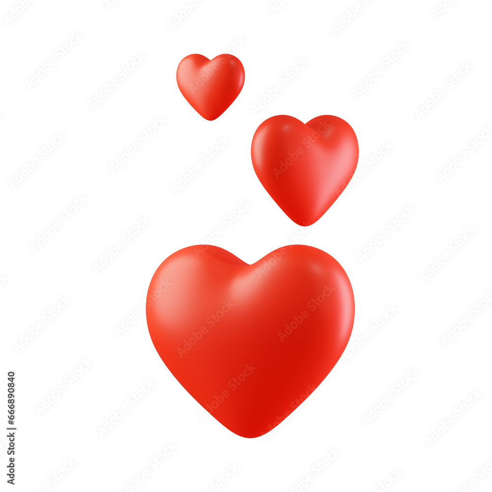 Likes, hearts for live stream video. Flying red hearts, likes isolated on a white background. Web elements, app, ui. Social media concept. 3d render illustration