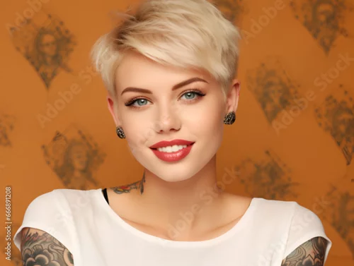 Obraz Young blond pretty smiling girl beauty female model with short blonde hair beautiful face healthy skin and tattoos looking at camera isolated at beige background. Close up headshot portrait