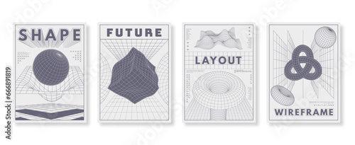 Abstract wireframe posters. Futuristic layout with 3D geometric shapes, wireframe low poly grid structures backgrounds vector set with editable stroke paths