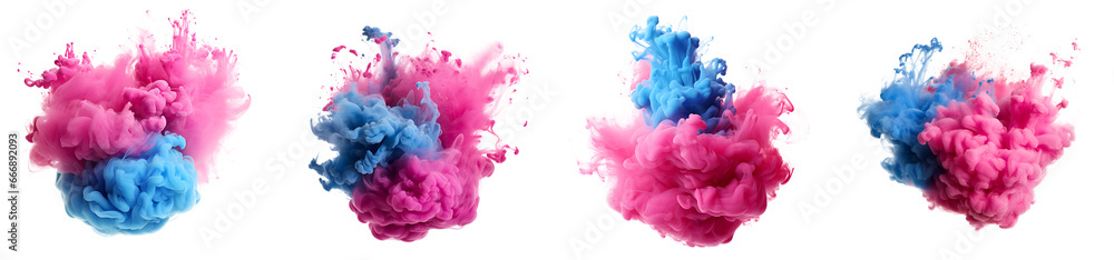 Fototapeta premium Set of blue and pink acrylic ink colored smoke watercolor splashes, Abstract background. Color explosion elements for design, isolated on white and transparent background