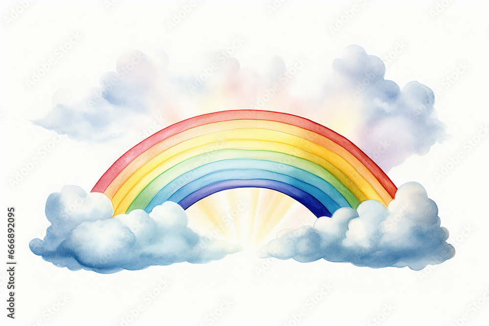 Naive watercolor painting of a rainbow and clouds. Naive watercolor painting of a rainbow and clouds.