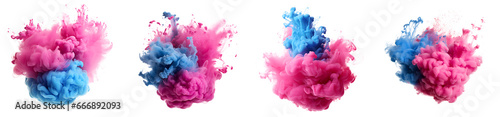 Set of blue and pink acrylic ink colored smoke watercolor splashes, Abstract background. Color explosion elements for design, isolated on white and transparent background