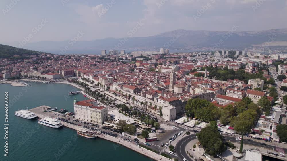 Split cityscape aerial drone shot, flying above Port, Croatia, establisher Split cityscape aerial drone shot, flying above Port, Croatia, establisher