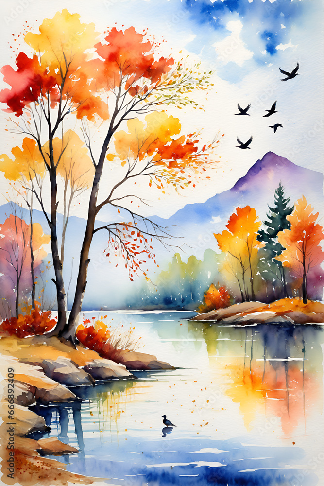 Autumn Landscape Trees, Lake, and Birds - Watercolor Illustration