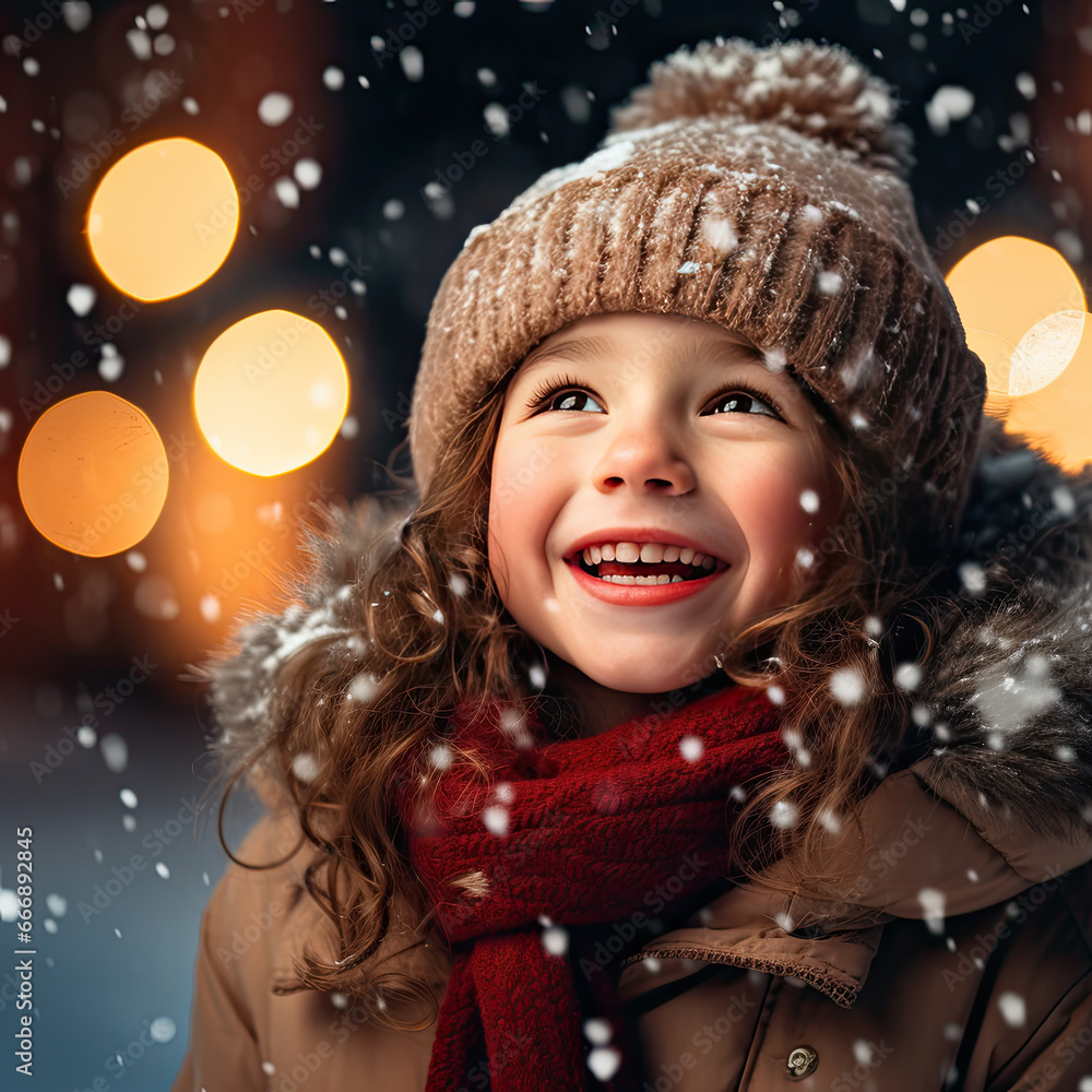 Little girl with enjoying the holidays outdoors in snowfall Little girl with enjoying the holidays outdoors in snowfall