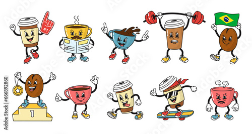 Cartoon coffee mascot. Funny hot espresso drink cup and coffee bean in style of 1930s rubber hose animation character. Isolated vector illustration set