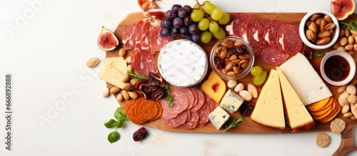 Assorted charcuterie and cheese platter with grapes and nuts viewed from the top with space to copy