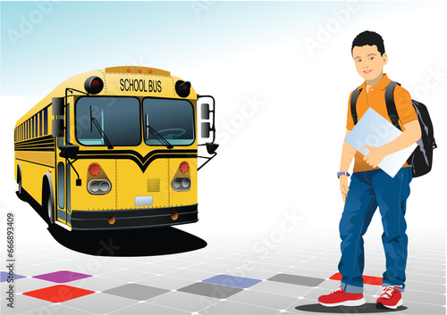  “Back to school” with schoolboy and school bus image.