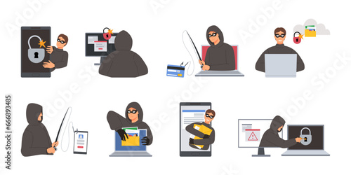 Cartoon hacker character. Cyber threat for internet privacy and cybersecurity, phishing and hacking vector illustration set