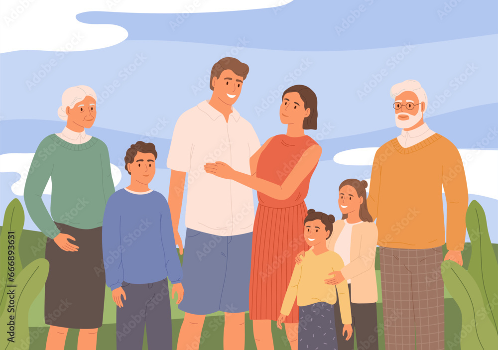 Happy big family. Kids, father, mother, and grandparents together. Generation of parents cartoon vector illustration Happy big family. Kids, father, mother, and grandparents together. Generation of parents cartoon vector illustration