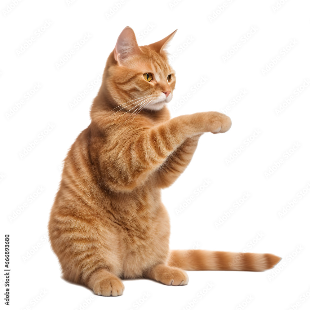side view, a cute orange ginger cat sits on the ground, raising both paws, isolated on transparent background. 