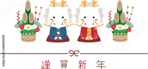 2024年賀状　着物挨拶ペア白竜　水引き　背景白　謹賀新年