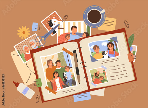 Family photo album. Scrapbook of happy memories, memorializing moments photos of kids and parents life cartoon vector illustration