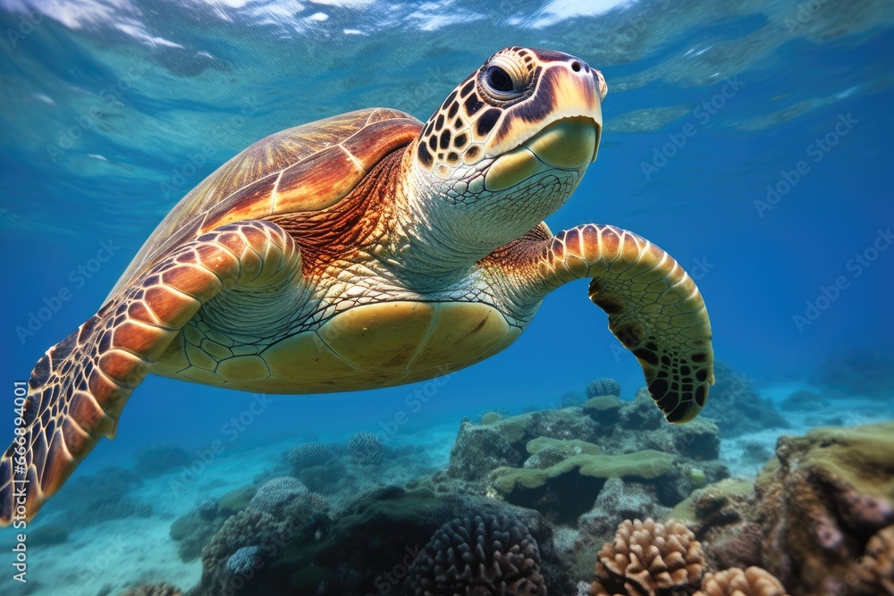 Obraz premium Hawaiian Green Sea Turtle Chelonia mydas, Hawaiian Green Sea Turtle Chelonia mydas in the Red Sea, AI Generated