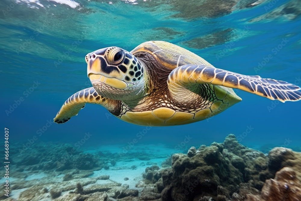 Fototapeta premium Hawaiian Green Sea Turtle Chelonia mydas, Hawaiian Green Sea Turtle Chelonia mydas in the Red Sea, AI Generated