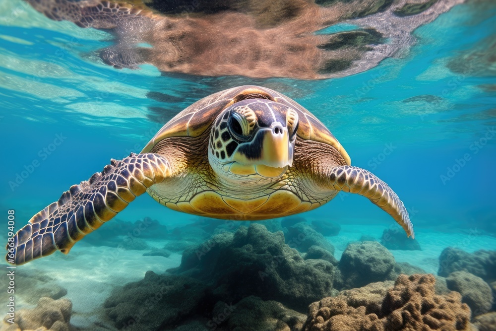 Obraz premium Hawaiian Green Sea Turtle Chelonia mydas swimming underwater, Hawaiian Green Sea Turtle Chelonia mydas in the Red Sea, AI Generated