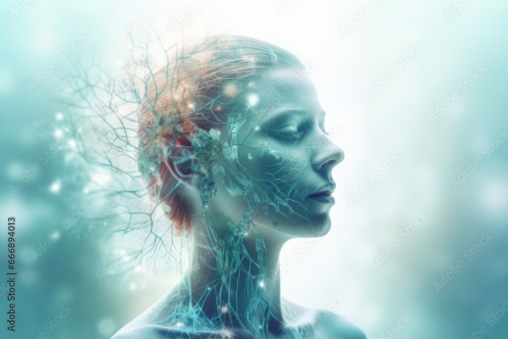 Conceptual image of a female face with glowing brain. 3d rendering, Healthcare and medicine concept. Double exposure, AI Generated