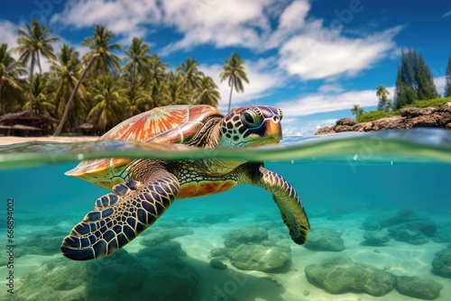 Hawaiian Green Sea Turtle swimming underwater with palm trees on background, Hawaiian Green Sea Turtle Chelonia mydas in the Red Sea, AI Generated photo