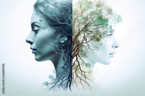 Double exposure of female face with tree and roots. Conceptual image, Healthcare and medicine concept. Double exposure, AI Generated