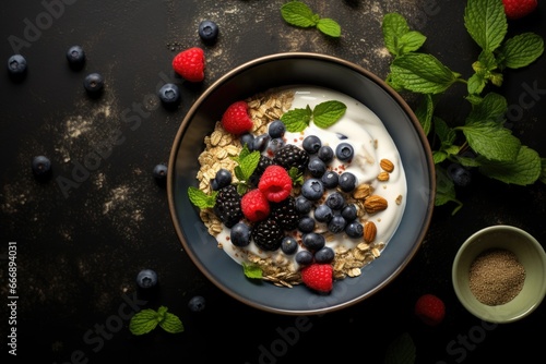 Healthy breakfast with muesli, yogurt and fresh berries on black background, Healthy breakfast bowl with oat granola, berries and milk, AI Generated