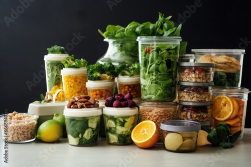 Healthy food in jars on table against black background, closeup, Healthy eating concept. Assortment of healthy food in plastic containers, AI Generated
