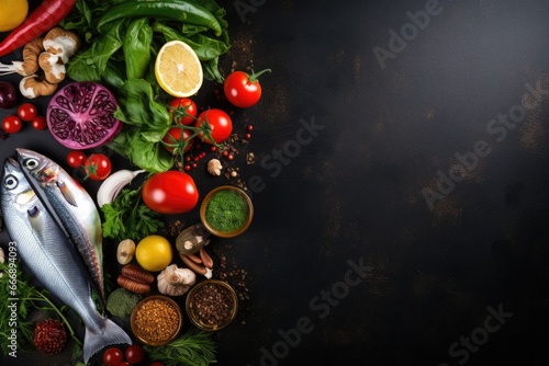 Fresh fish, vegetables and spices on black background. Top view with copy space, Healthy food background. Fresh vegetables, fish, fruits and nuts, AI Generated