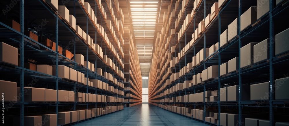 Factory warehouse filled with shelved boxes Factory warehouse filled with shelved boxes