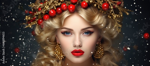 Stunning girl with a festive hairdo adorned with holly berries for the Christmas season