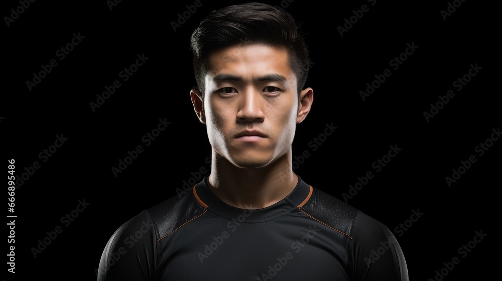 Naklejka premium Young Asian man in rugby dress, closeup American football player portrait on black background, copy space side