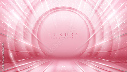 Pink stage scene with silver line elements and glitter light effect with beam and bokeh. Luxury background.