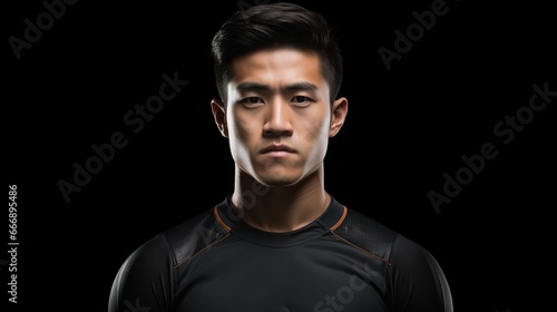 Young Asian man in rugby dress, closeup American football player portrait on black background, copy space side