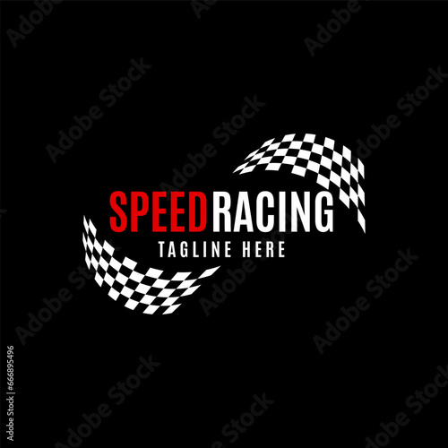 Speed racing motocross silhouette race flag logo vector design template