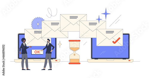 Email automation and message letters sending tool retro tiny person concept, transparent background. Use mail software as effective and fast service.
