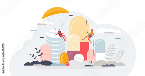 ADHD supplements as attention deficit medical solution tiny person concept, transparent background. Hyperactivity disorder drugs and pharmacy treatment for mental problems illustration.