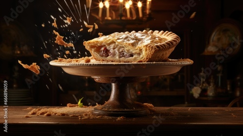  a pie with a bite taken out of it on a plate. generative ai