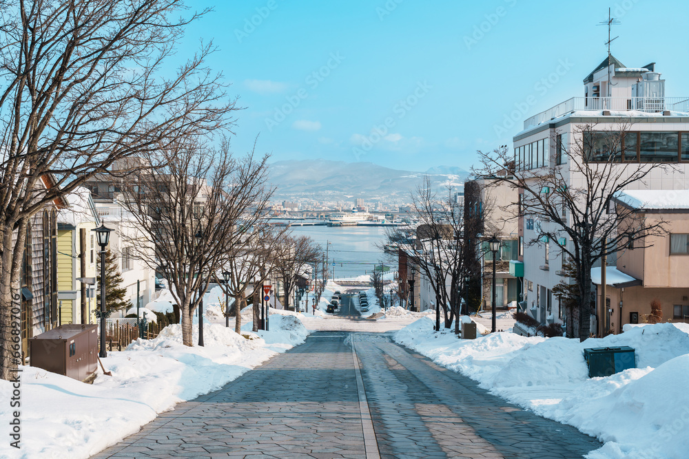 Hachiman Zaka Slope with Snow in winter season. landmark and popular for attractions in Hokkaido, Japan. Travel and Vacation concept