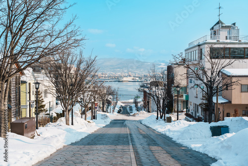 Hachiman Zaka Slope with Snow in winter season. landmark and popular for attractions in Hokkaido, Japan. Travel and Vacation concept