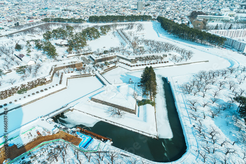 Beautiful landscape and cityscape from Goryokaku Tower with Snow in winter season. landmark and popular for attractions in Hokkaido, Japan.Travel and Vacation concept © Jo Panuwat D