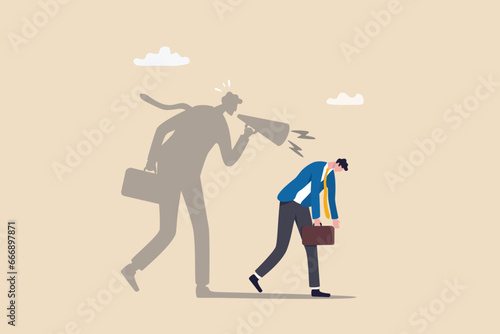 Self criticism, negative critic thinking to blame yourself, guilt or depression to rant or inner anxiety, anger or stress psychology concept, depressed businessman self shadow blame with megaphone. photo