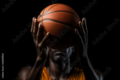 afro american basketball player holding a basketball in his hands, close up © kazakova0684