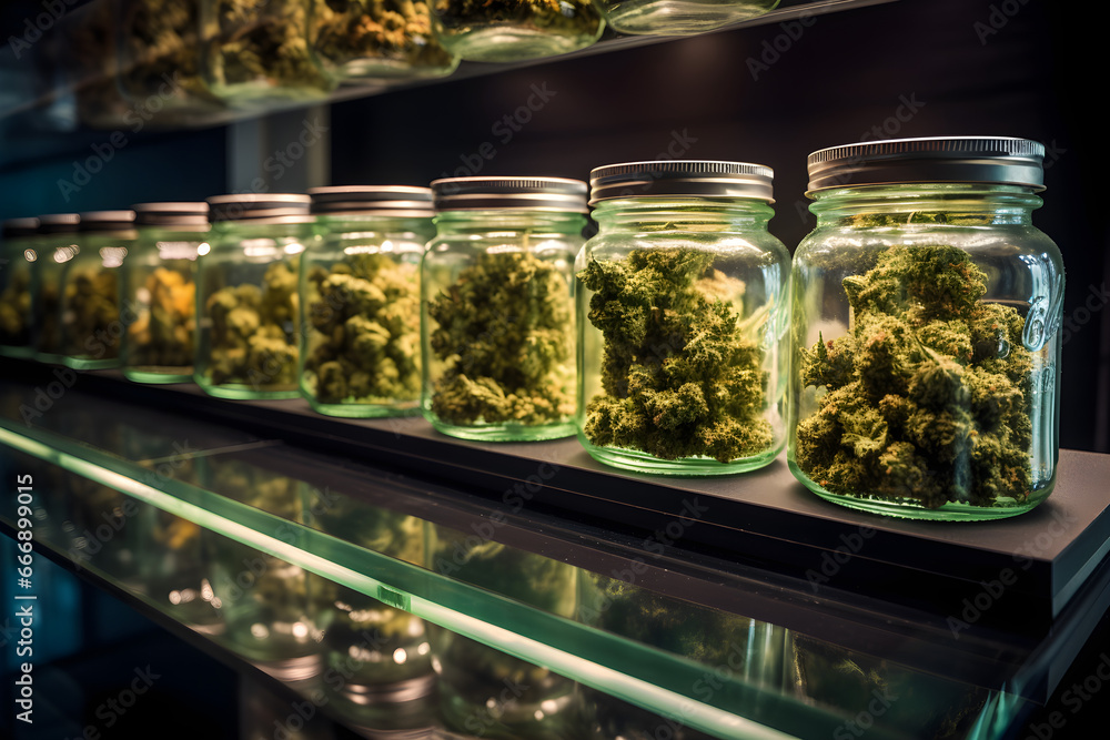 jars of cannabis buds on dispensary shelf - obrazy, fototapety, plakaty 