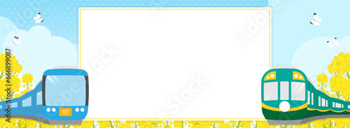 満開の菜の花と電車のフレーム・背景素材（バナー向け横長）