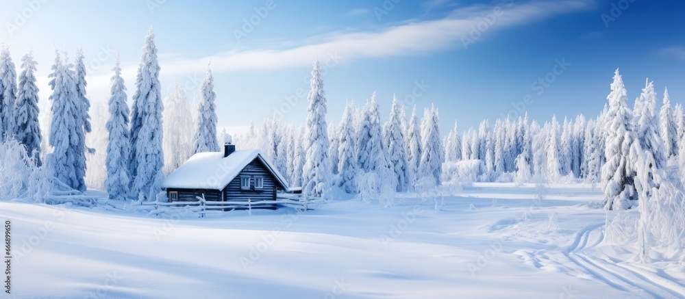 Scenic winter scene in Lapland Finland with snowy trees and wooden hut - obrazy, fototapety, plakaty 