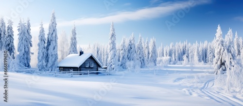 Fotografia Scenic winter scene in Lapland Finland with snowy trees and wooden hut