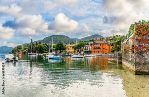 Landscape with Pescallo village, Bellagio town at Como lake region, Italy photo