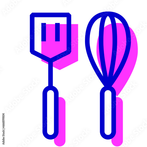 料理、フライ返し、泡立て器を表す2色スタイルのアイコン