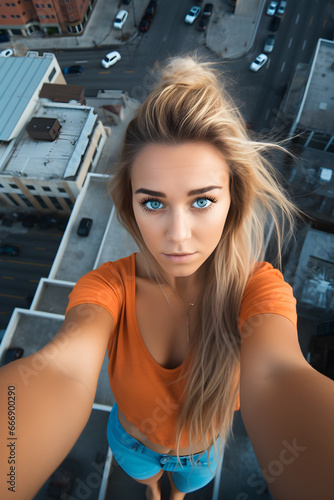 female urban climber taking selfie stood on top of skyscraper in city photo