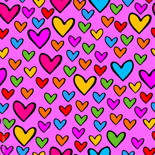 Bright seamless pattern. Multicolored hearts on a pink background. Love, romantic icons. Valentines day. Pattern for wrapping paper, print, textile, design, cards.