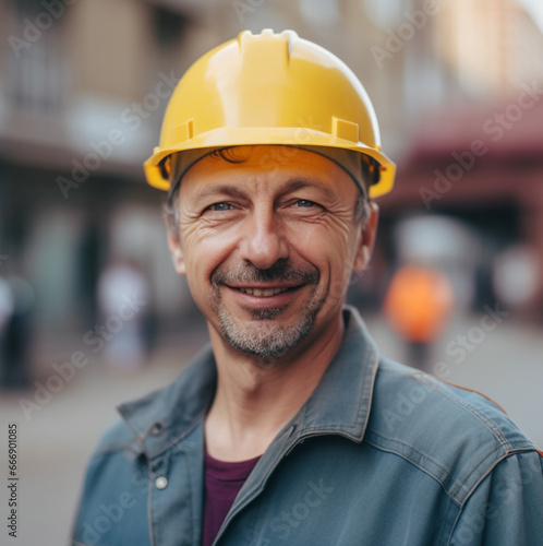 Portrait of middle age european man builder in yellow helmet smiling © pijav4uk