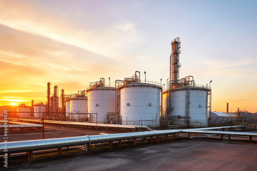 Obraz premium Oil refinery plant from industry zone, Aerial view oil and gas industrial, Refinery factory oil storage tank and pipeline steel at sunset. Smoke from the pipes.
